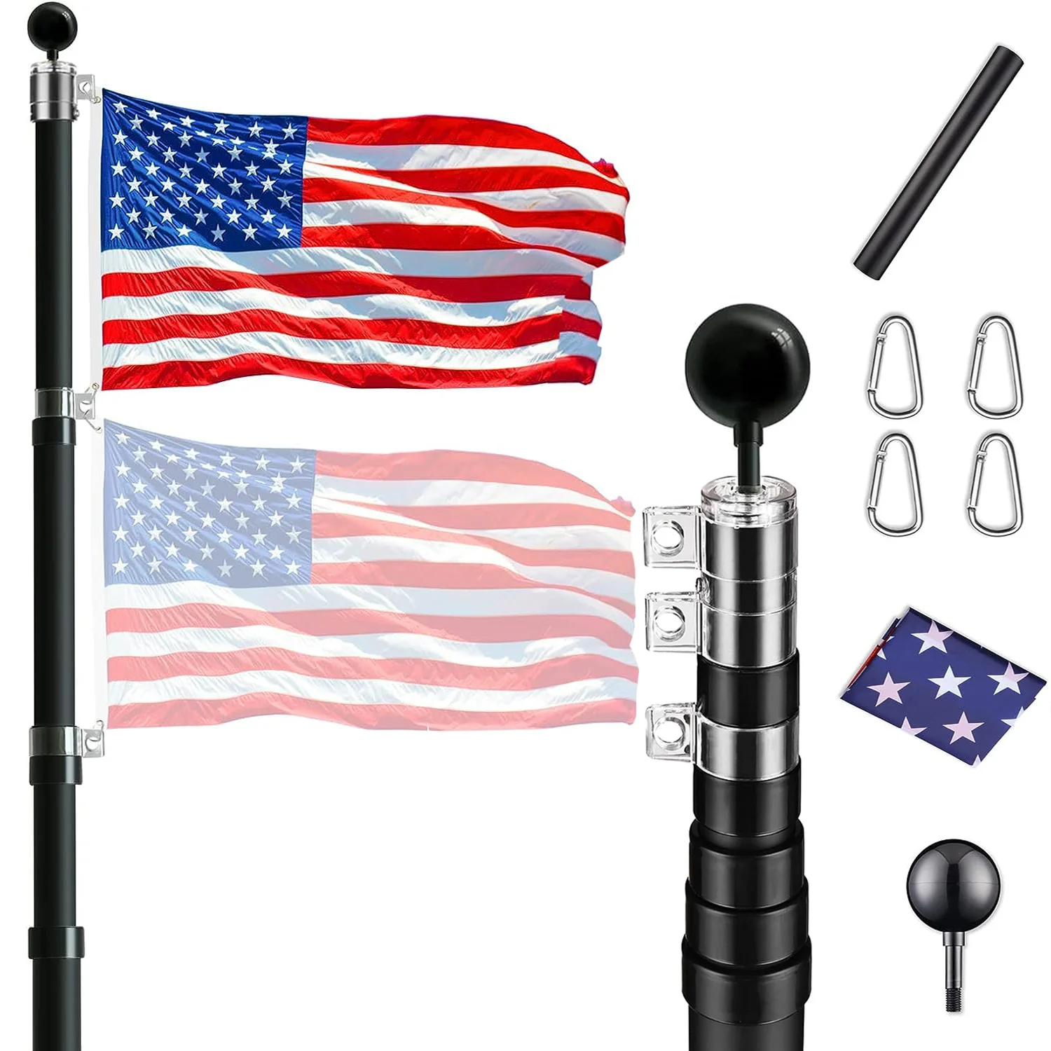 30 ft. Aluminum Telescopic Flag Pole Kit Flagpole 3'x5' US Flag & Ball Top for Commercial Residential