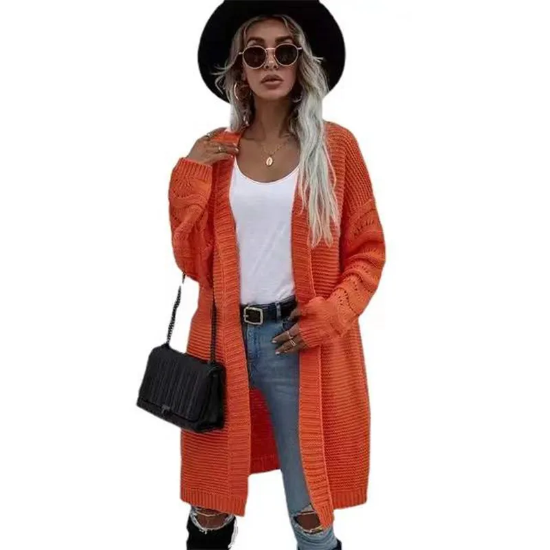 2024 Solid Color Long Cardigan and Women\'s Spring and Autumn Knit Fashion Sweater Jacket