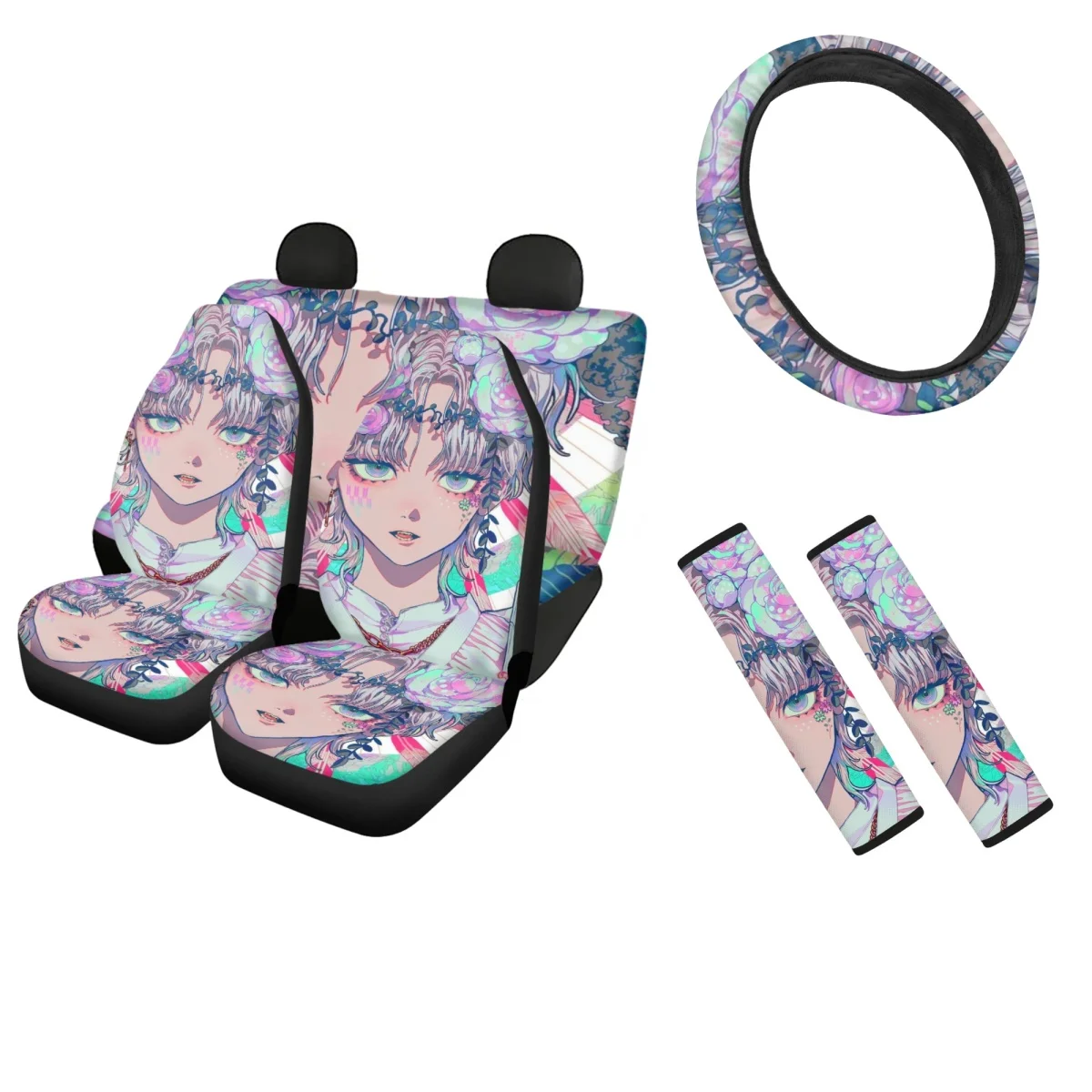 

Car Seat Cover Sets for Women Qiu Chiyin Japanese Anime Characters Easy to Install Steering Wheel Cover Fashion Seat Belt Covers