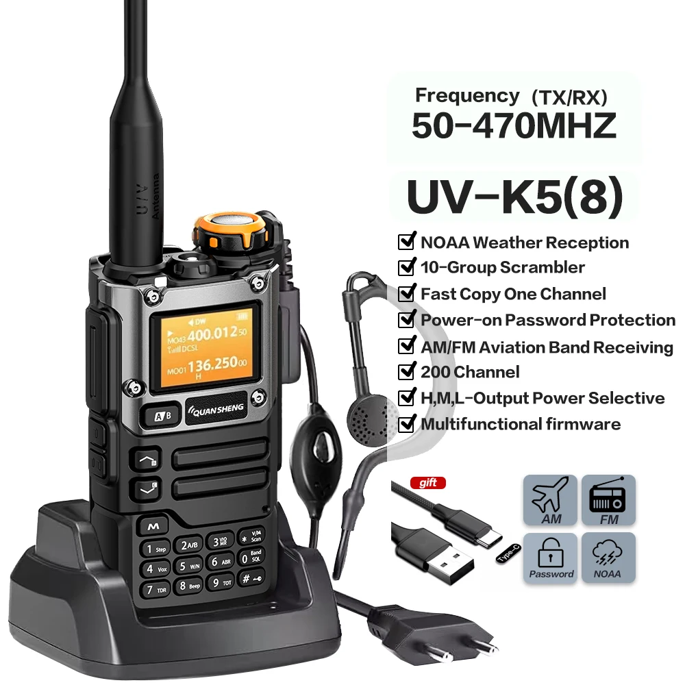 Quansheng UV-K6 워키토키, UHF VHF DTMF FM 스크램블러, NOAA 무선 주파수 양방향 cb무전기, 5W 에어 밴드 라디오 타입 C 충전 