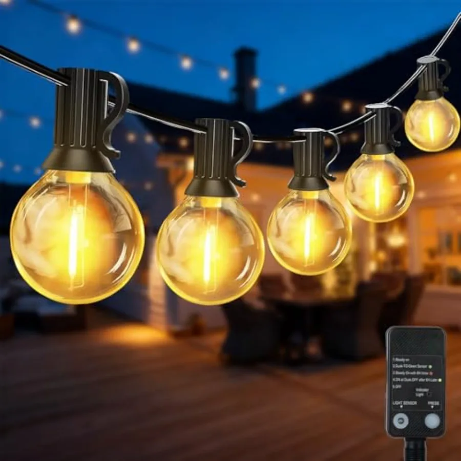LED Outdoor String Lights 100Feet LED Patio Lights with Light Sensor Timer 52 Shatterproof Globe Bulbs 2 Spare Waterproof Conne