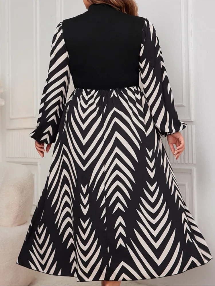 Plus Size Autumn Striped Print Patchwork Dress Women Ruffle Pleated Modis Lantern Long Sleeve Ladies Dresses Casual Woman Dress