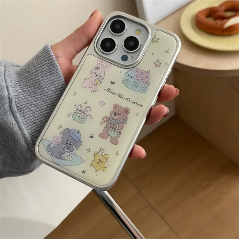 Casing iPhone 16 15 14 13 Pro Max, sarung HP motif kartun mewah lucu dengan lem tetes ilustrasi pinggiran perak, casing ponsel untuk iPhone 16 15 14 13 Pro Max