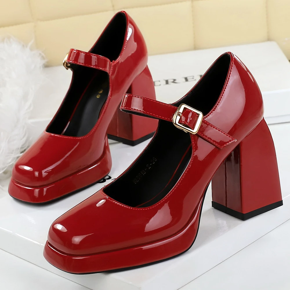 BIGTREE Shoes Coarse Heeled Women Shoes Square Head Women Pumps Platform Heels 9 cm Patent Leather High Heels Buckle Lady Pumps