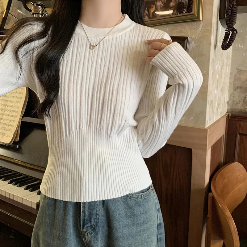 Elegant Knitted Pullover Women Korean Slim Stretch Vertical Pit Stripes Solid Sweater Spring Fall Long Sleeved O-Neck Female Top