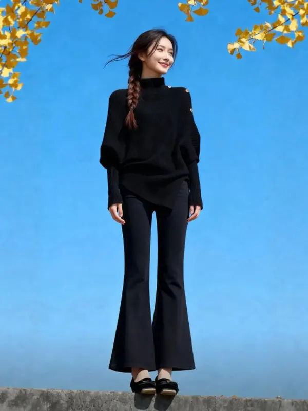 

Корейский модный зимний свитер с высоким воротником и асимметричным длинным рукавом для женщин, удобный вязаный повседневный топ