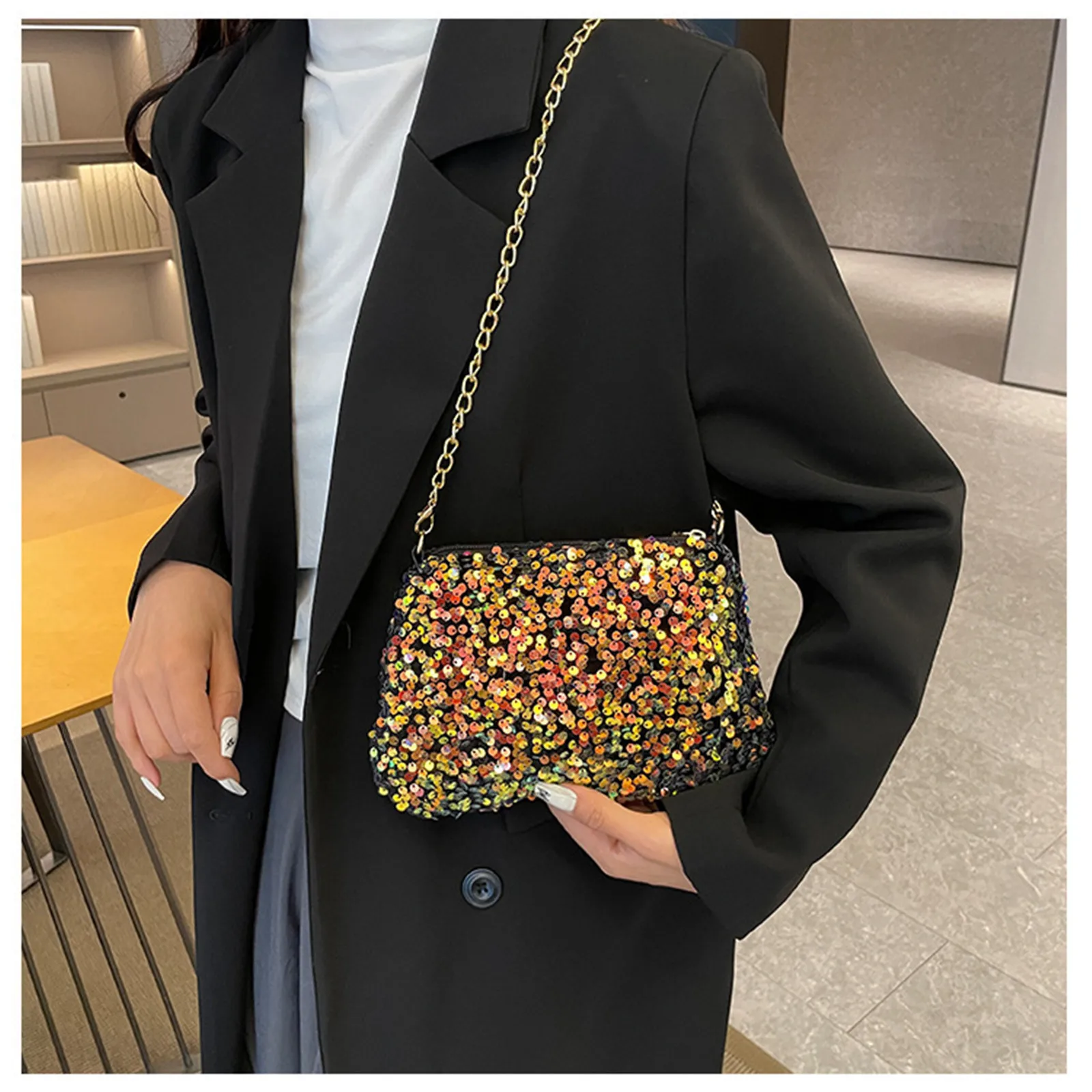 Color Sequins Shoulder Bag For Women Simple Chain Underarm Bag Wedding Party Evening Clutch Bag Fashion Handbag Phone Purse