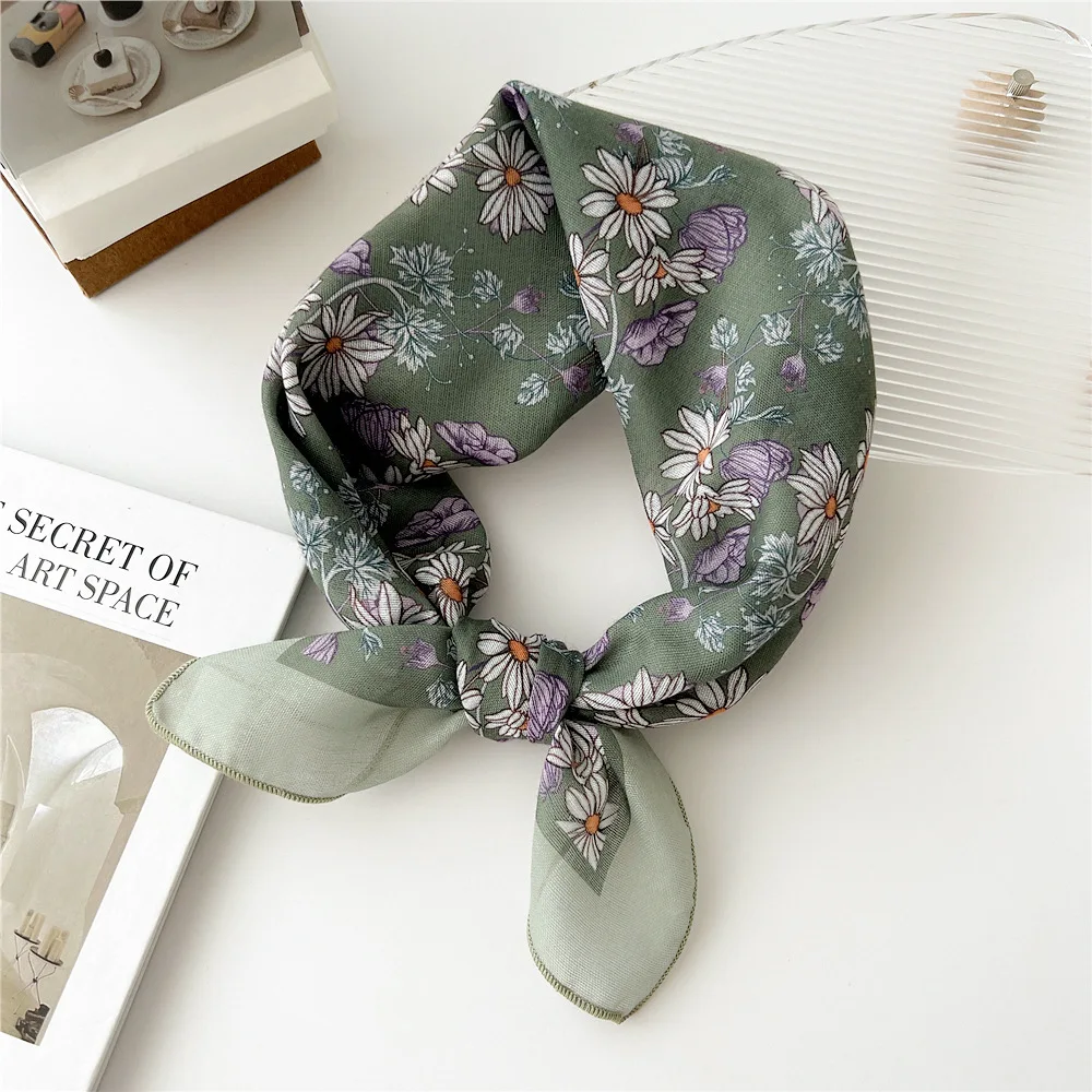 55cm Girls Cotton Linen Spring Summer Square Scarf for Women Korean Chic Headband Fashion Decorative Hairband Floral Neck Scarf image 3