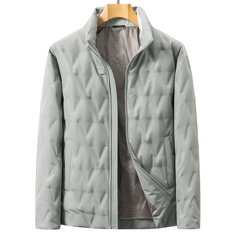 Jaket Bulu Angsa Ringan Pria Kasual Warna Solid Tahan Angin Hangat Mantel Puffer Pakaian Luar Kerah Berdiri Ramping Pakaian Atasan Berlapis