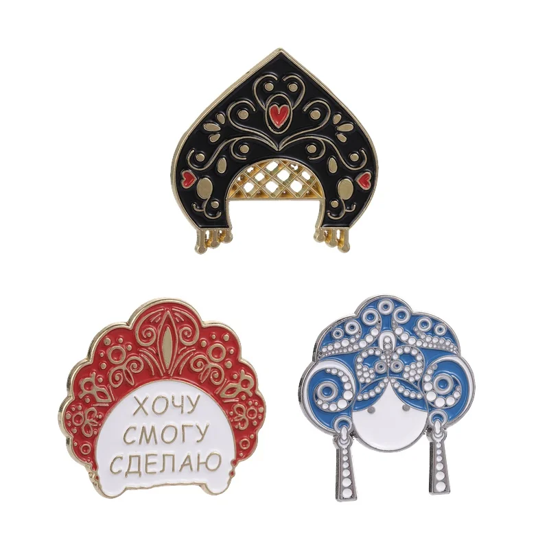 Russian Cultural Costume Collected Enamel Pin Russian Kokoshnik Traditional Headdress Crown Brooch Bag Lapel Badge Jewelry Gifts