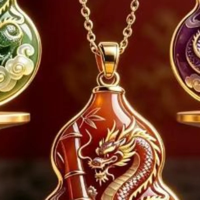 Chinese Lucky Dragon Phoenix Enamel Gourd Pendant Necklace Totem Ethnic Jewelry Minimalist Unisex Fashion