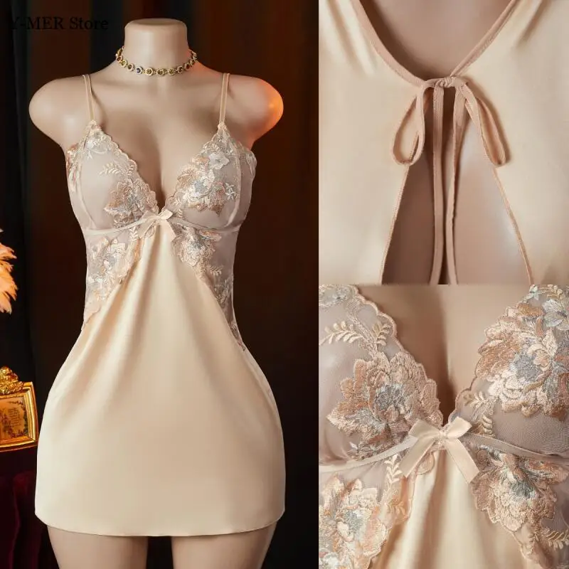 

Lace Satin Nightdress Lingerie Women Nightwear Sexy Lace Patchwork Home Dressing Gown Satin Pajamas Loungewear Underwear