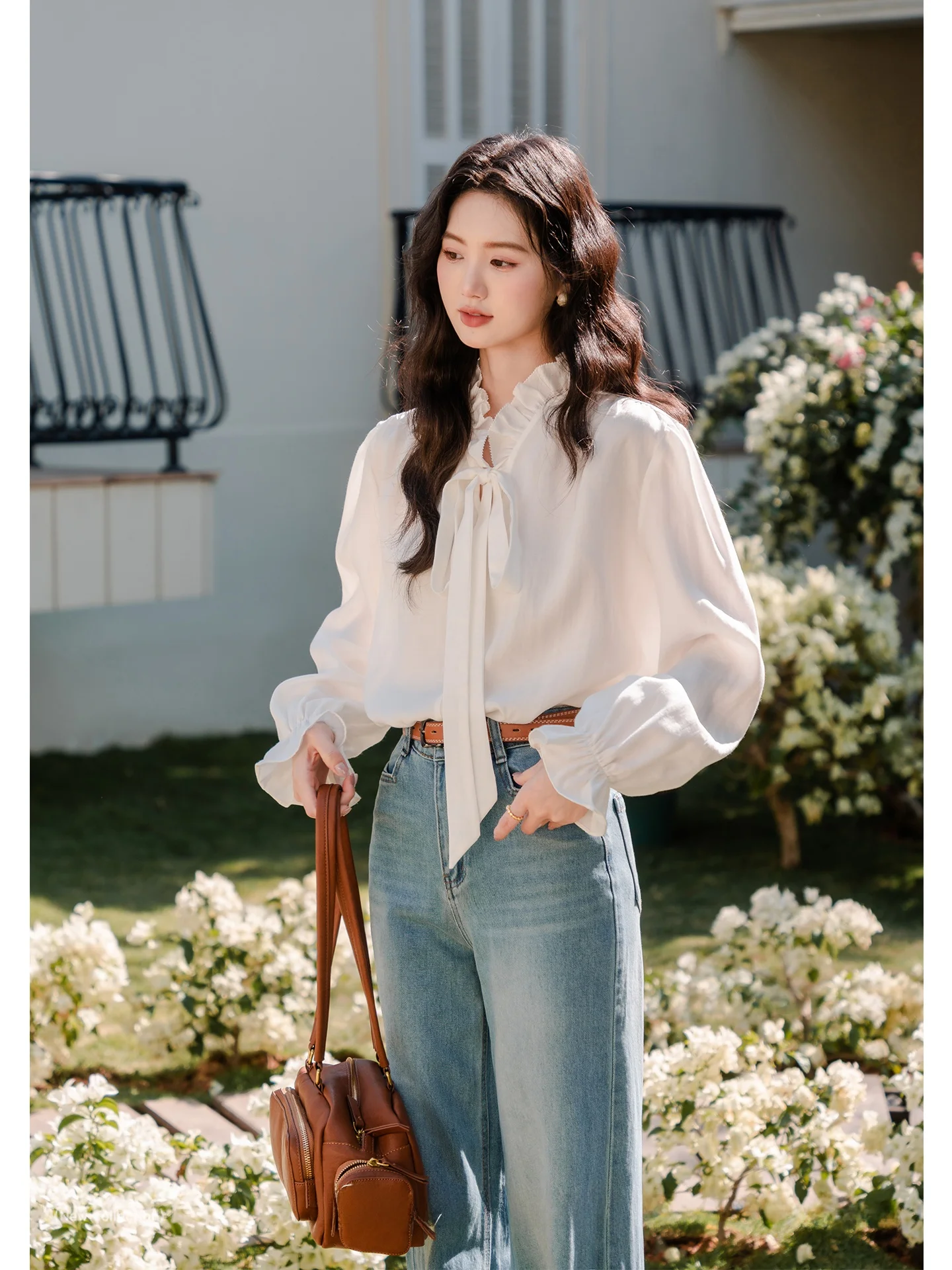 

Элегантная блузка с длинным рукавом, кружевным воротником и завязками, новинка весна-лето для женщин, для офиса и повседневной носки