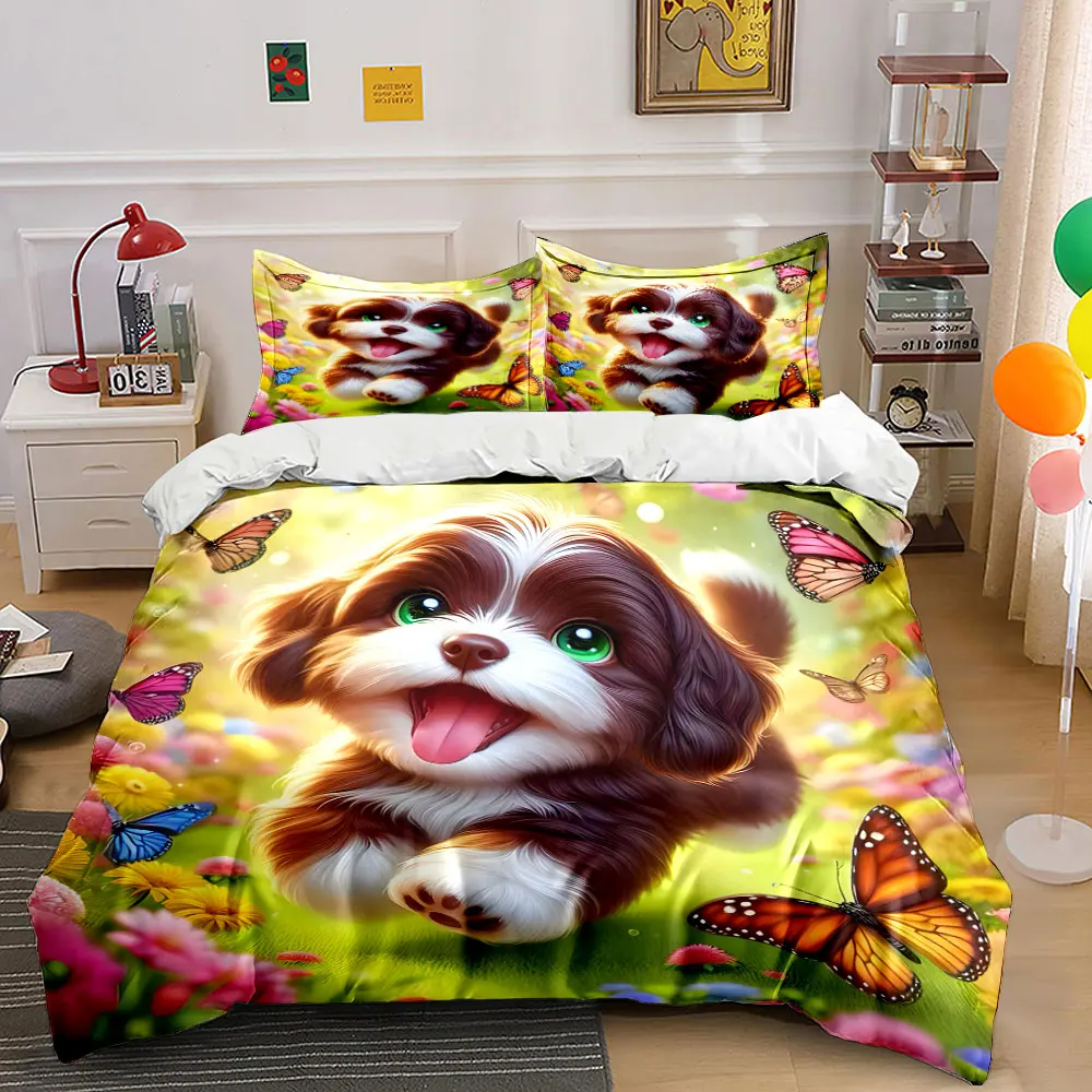 Adorable puppy running among butterflies Duvet Cover Set with 3D Printing Design Soft Polyester Bedding Set All-Season Comfort