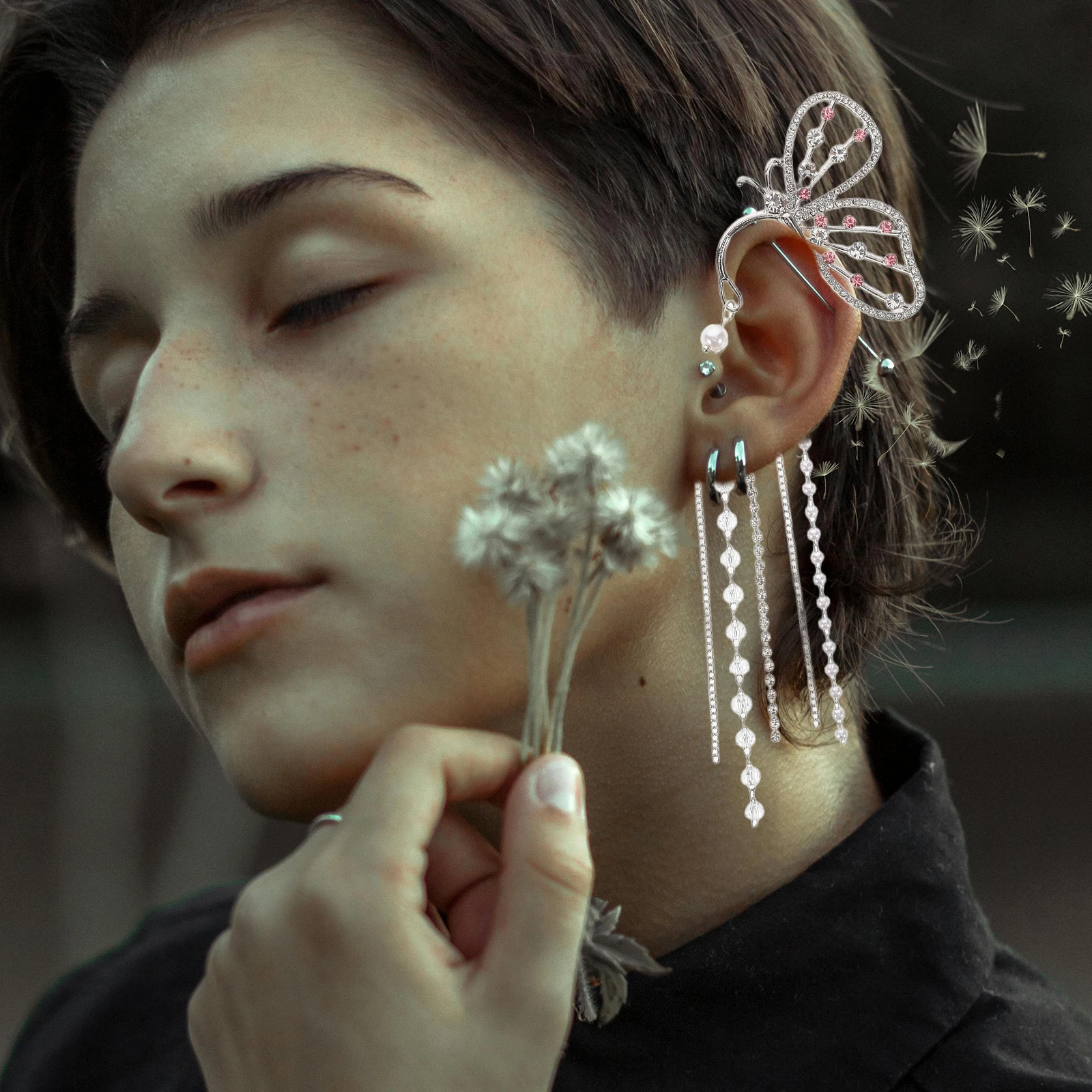 

Elegant Butterfly Ear Cuff Earrings No Piercing Long Dangle Fairy Rhinestone Wrap Lightweight Costume Accessories
