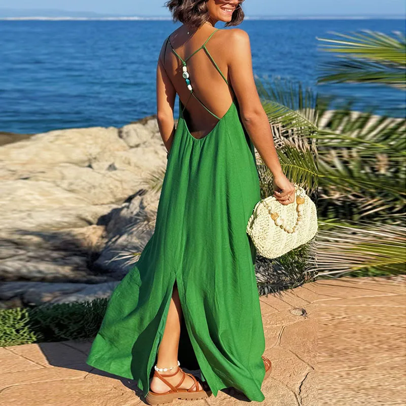 Chic Spaghetti Strap Beach Maxi Dress Womens Summer Backless Sleeveless Elegant Party Dress Retro Solid Simple A-Line Boho Dress