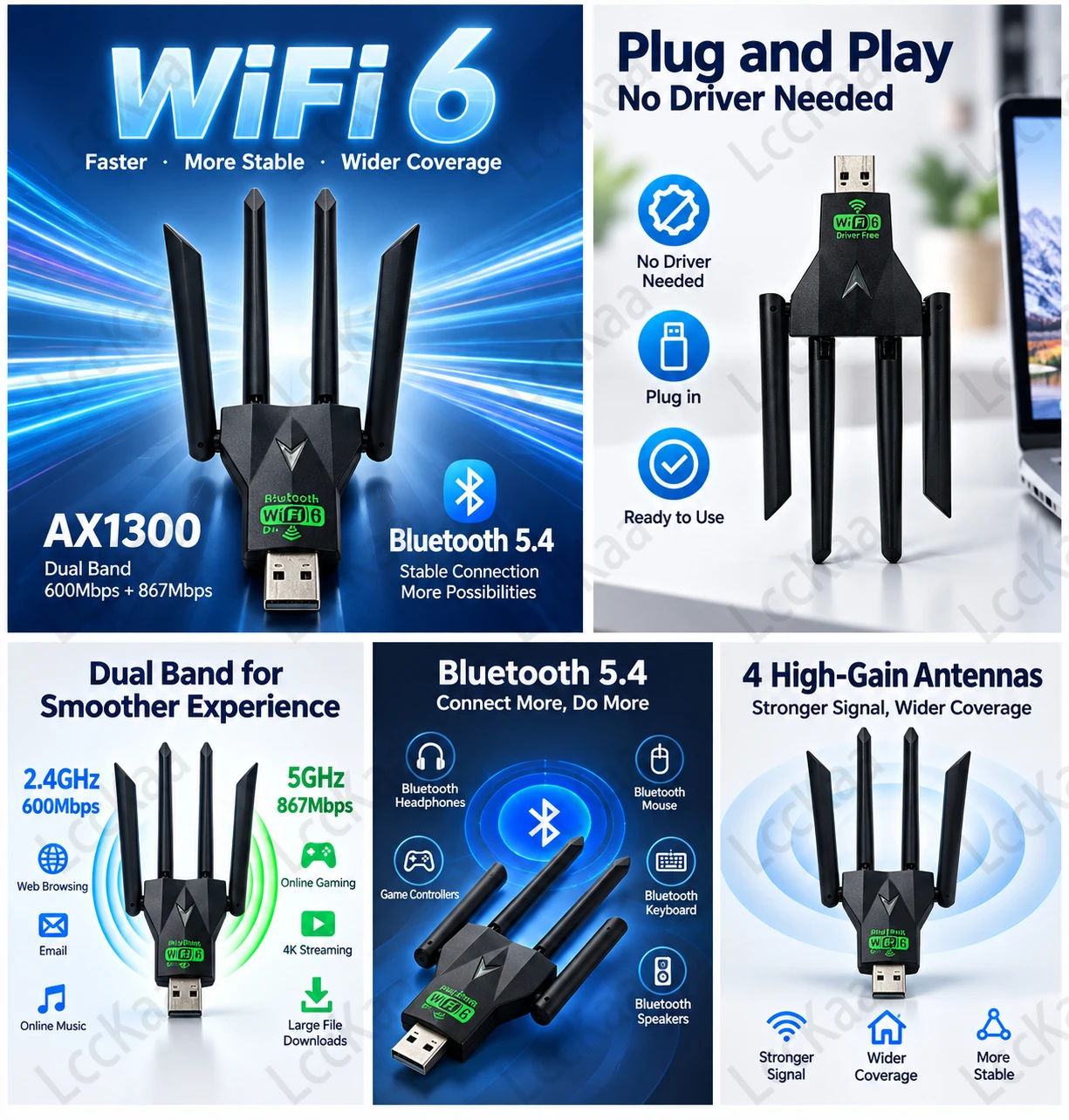 LccKaa AX1300 WiFi6 USB Adapter Bluetooth5.4 Dual Band 2.4G 5G 1300Mbps Wireless Network Card Driver Free for PC Laptop Desktop - view 2