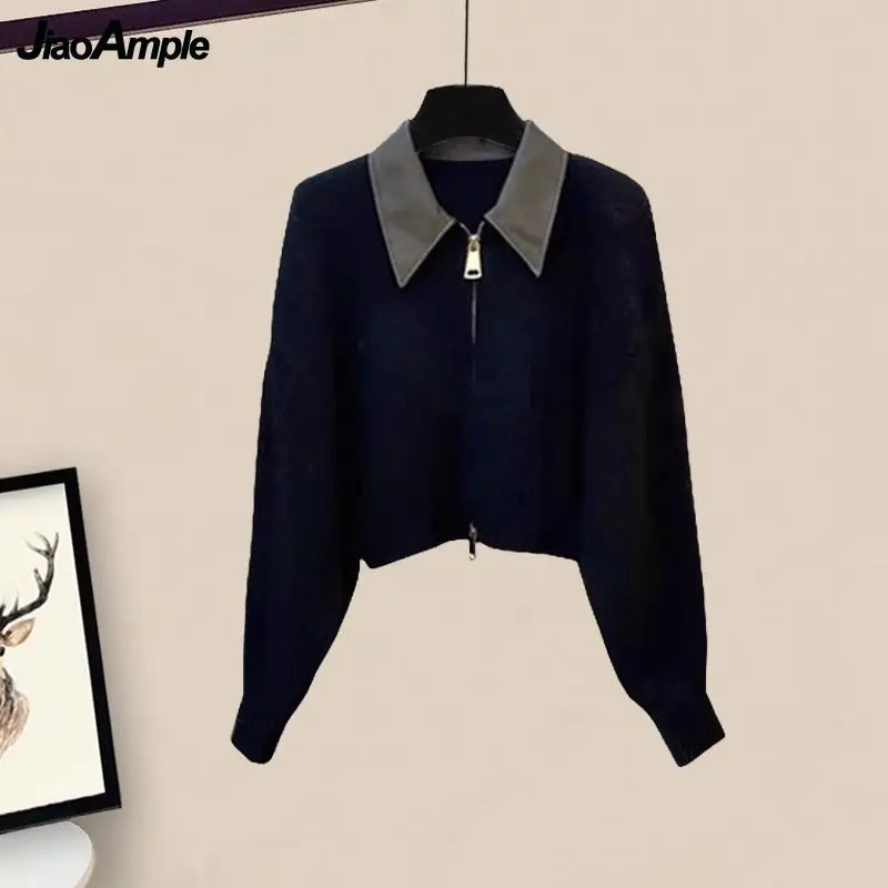 Calça jeans cardigã de malha feminina, suéter de gola polo, jeans fino, conjunto combinado, zíper coreano elegante, outono, inverno, novo, 2 peças