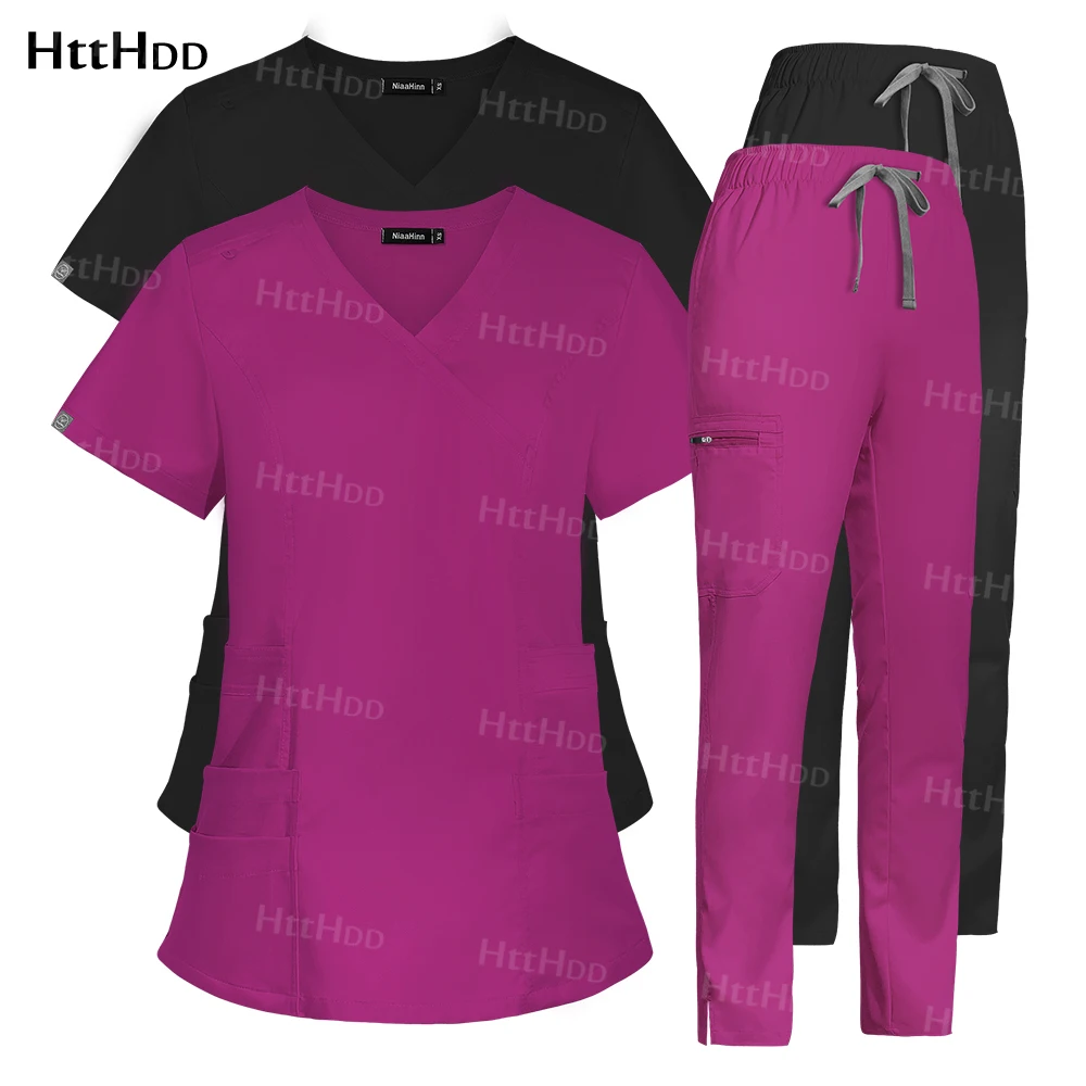 Blusa médica feminina e calças, Tops e calças de enfermagem, Saúde, esfoliação de dentista, salão de beleza, Farmácia, Pet Store, desgaste do trabalho