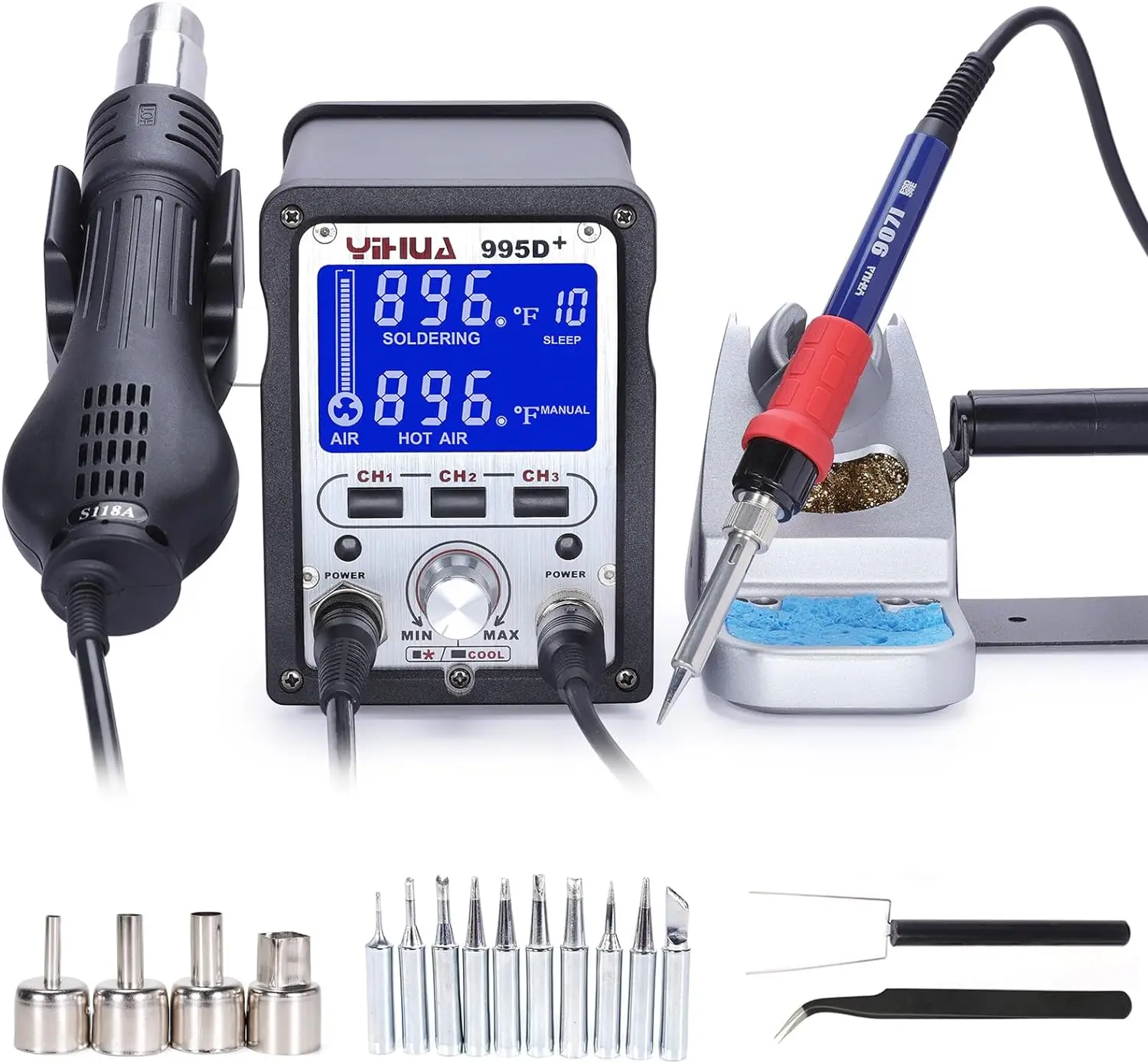 

Hot Air Rework and Soldering Iron Station with 3 Memories, Large LCD Screen Display, Cool Air/Hot Air Convers