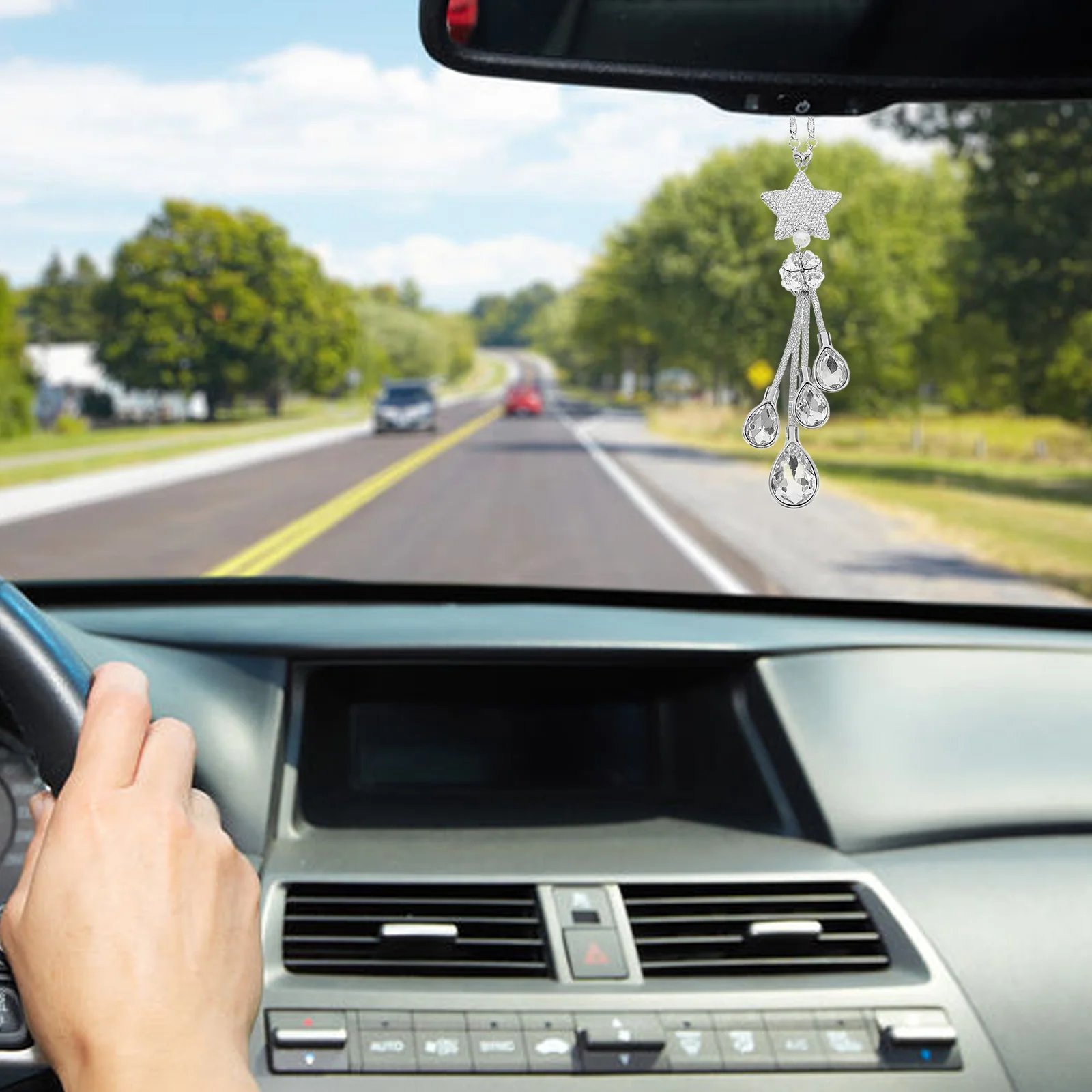 

Rhinestone Crystal Ball Hanging Pendant for Car Interior Sturdy Iron Material Shiny Star Charm Decorative Rearview Mirror