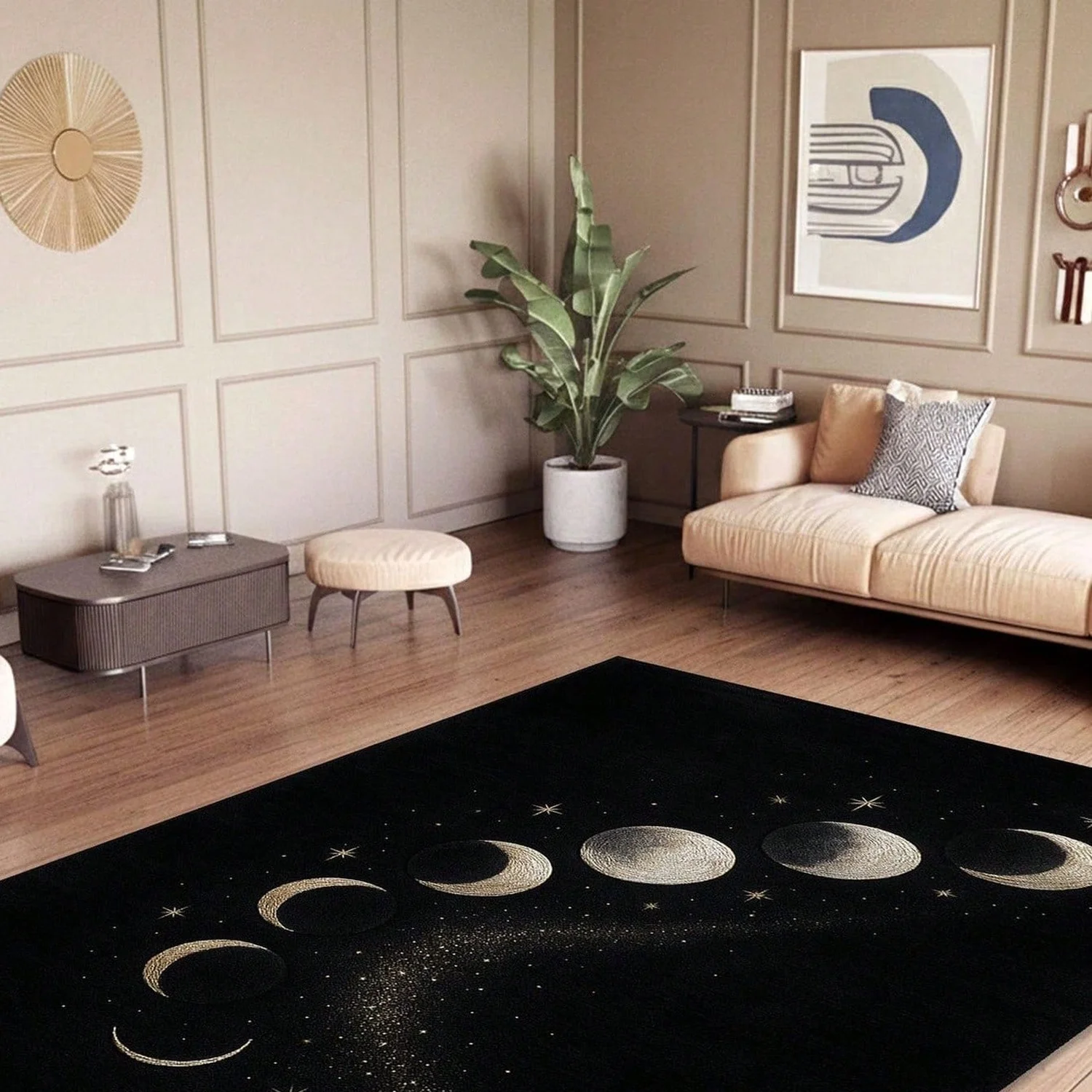 Mysterious Moon Phase Carpet, Black and Gold Starry Sky Carpet, Galaxy-Inspired Carpet, Spiritual Home Decor for Modern Bedrooms and Living Rooms.