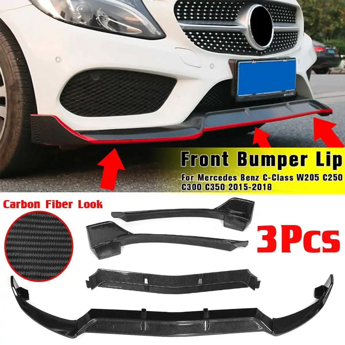 

W205 Car Front Bumper Splitter Lip Spoiler For Mercedes For Benz C-Class W205 C250 C300 C350 2015-2018 Bumper Diffuser Body Kit