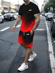 New Men's Sportswear Fitness Set Running Casual T-Shirt Shorts Set Breathable Jogging Sportswear 2piece Gradual Change Suit Pumn