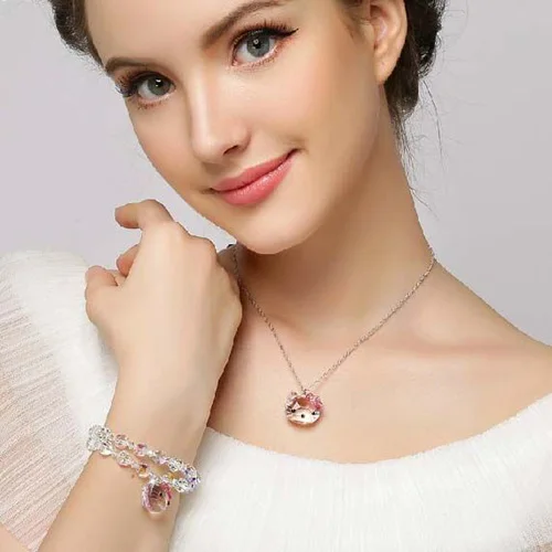 TAKARA TOMY Woman 925 Sterling Silver Transparent Crystal Hello Kitty Collarbone Necklace Girl Student Cute Sweet Accessories