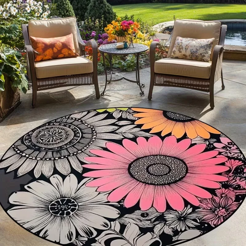 Boho Sunflower Round Rug Bold Vibrant Floral Circular Outdoor Floor Mat for Living  Room Bedroom Garden Seating Decor