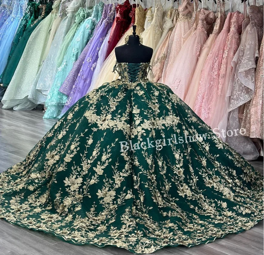 Elegante vestido de quinceañera verde esmeralda, vestido de lujo con escote en forma de corazón, apliques dorados de hueso para eventos especiales, 2024