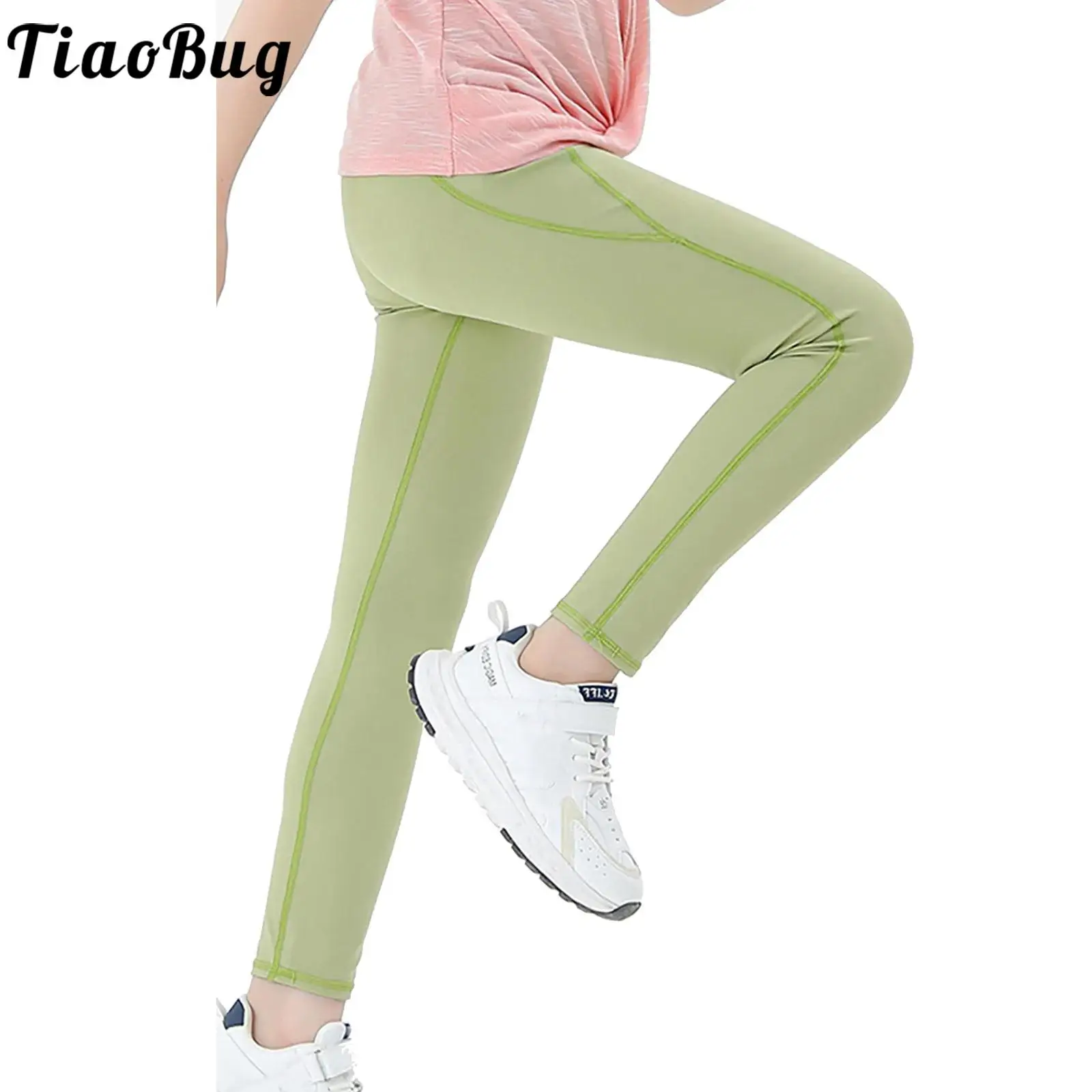 

Kids Girls High Waist Athletic Tight-fitting Leggings Solid Color Stretchy Pants with Pockets for Fitness Workout Running Yoga