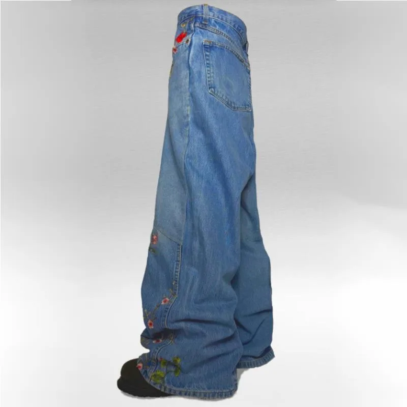 HKSH 2025 ربيع الخريف جديد رجل المد Y2K فضفاض واسعة الساق الجينز تطريز أنيق شارع العليا الدنيم السراويل شيك Ins طباعة HK10247
