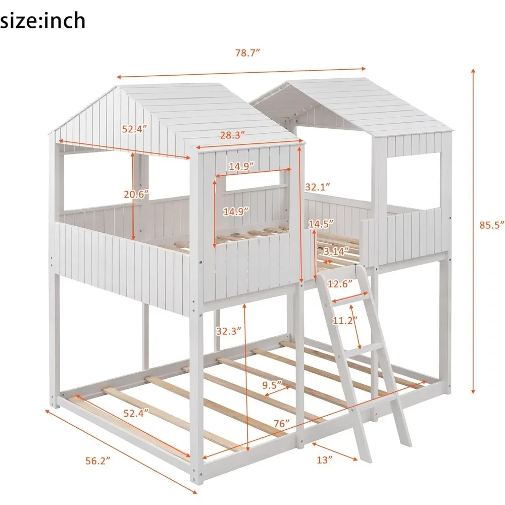 Full Over Full Bunk Bed, Wood Full House Bed Loft Bed Bedroom Furniture with Roof, Window, Guardrail & Ladder Bed Frames