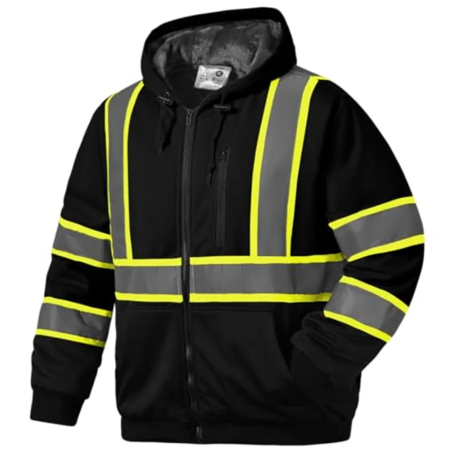 

Hi Vis Work Safety Hoodie for Men - Class 3 High Visibility Reflective Hoodie Fleece Lined Reflective Hooded High Vis Zipper Ja