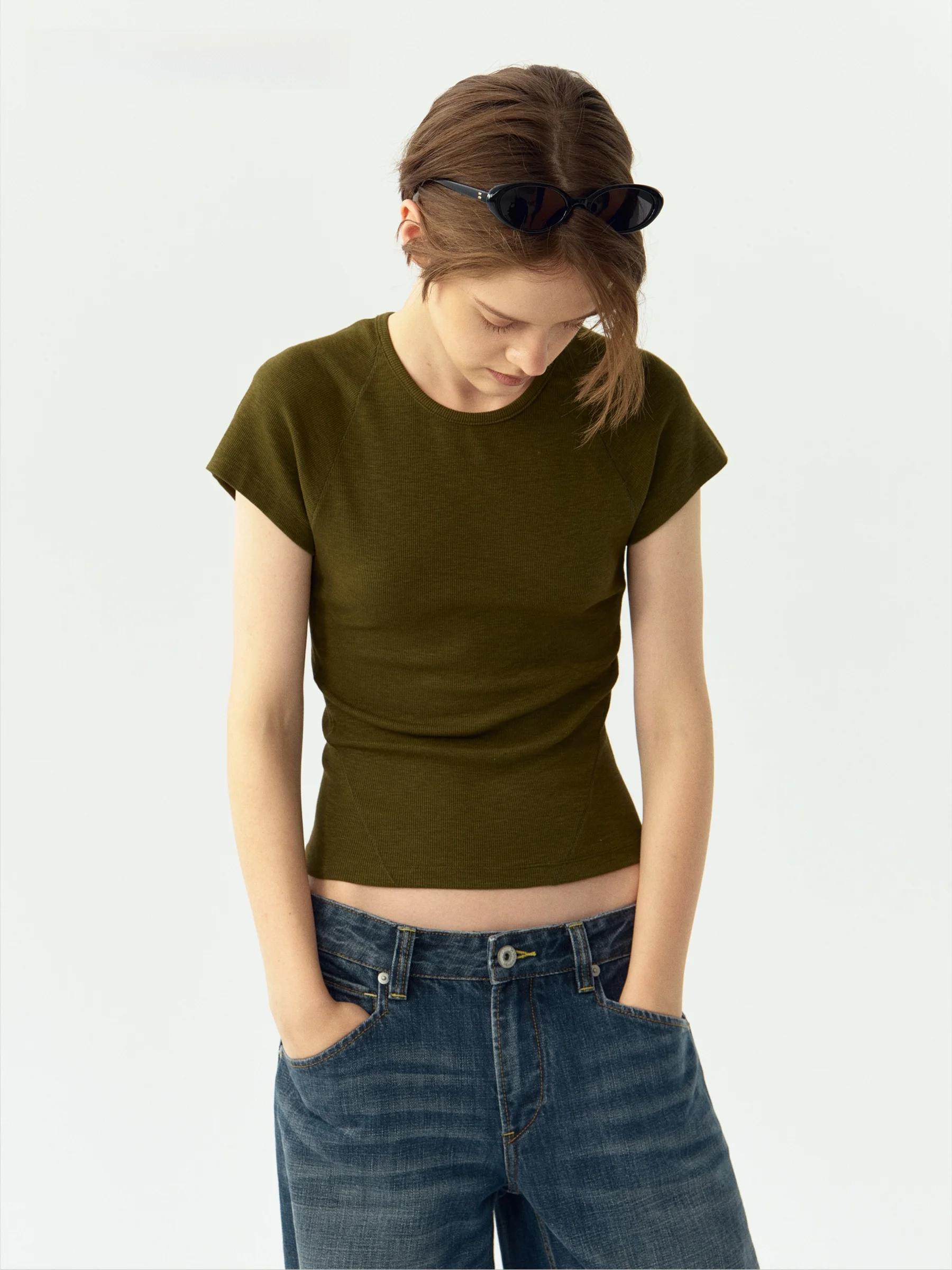 VERMO High Elastic Bamboo Fiber Thread Cotton Short Sleeve T-Shirt Shoulder Insert Design Slim Fit Casual Style round Neck