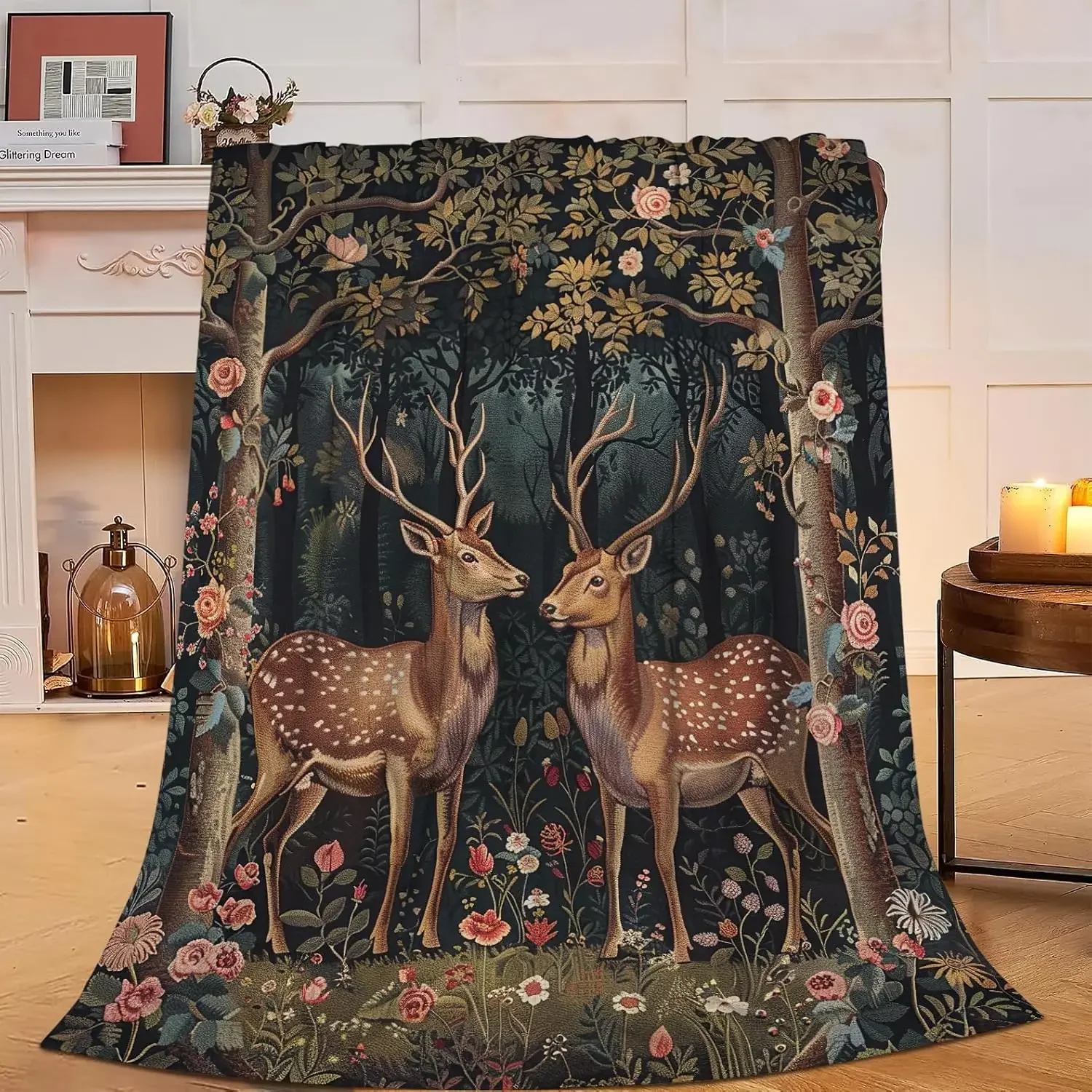 Rustic Deer Print Fleece Throw Blanket, Mid-Century Gift for Nature Lovers,Cozy Cabin Decor for Bedroom Couch,Soft Plush Blanket