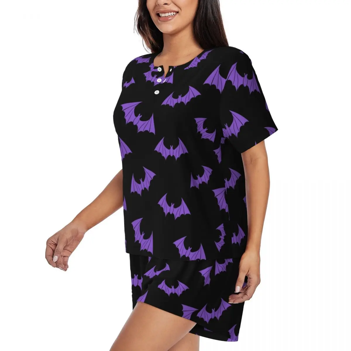 Women's Cute Spooky Halloween Bats Black And Purple Pajamas Set Custom Printed 2 Piece Pj Sets Short Sleeve Sleepwear Loungewear