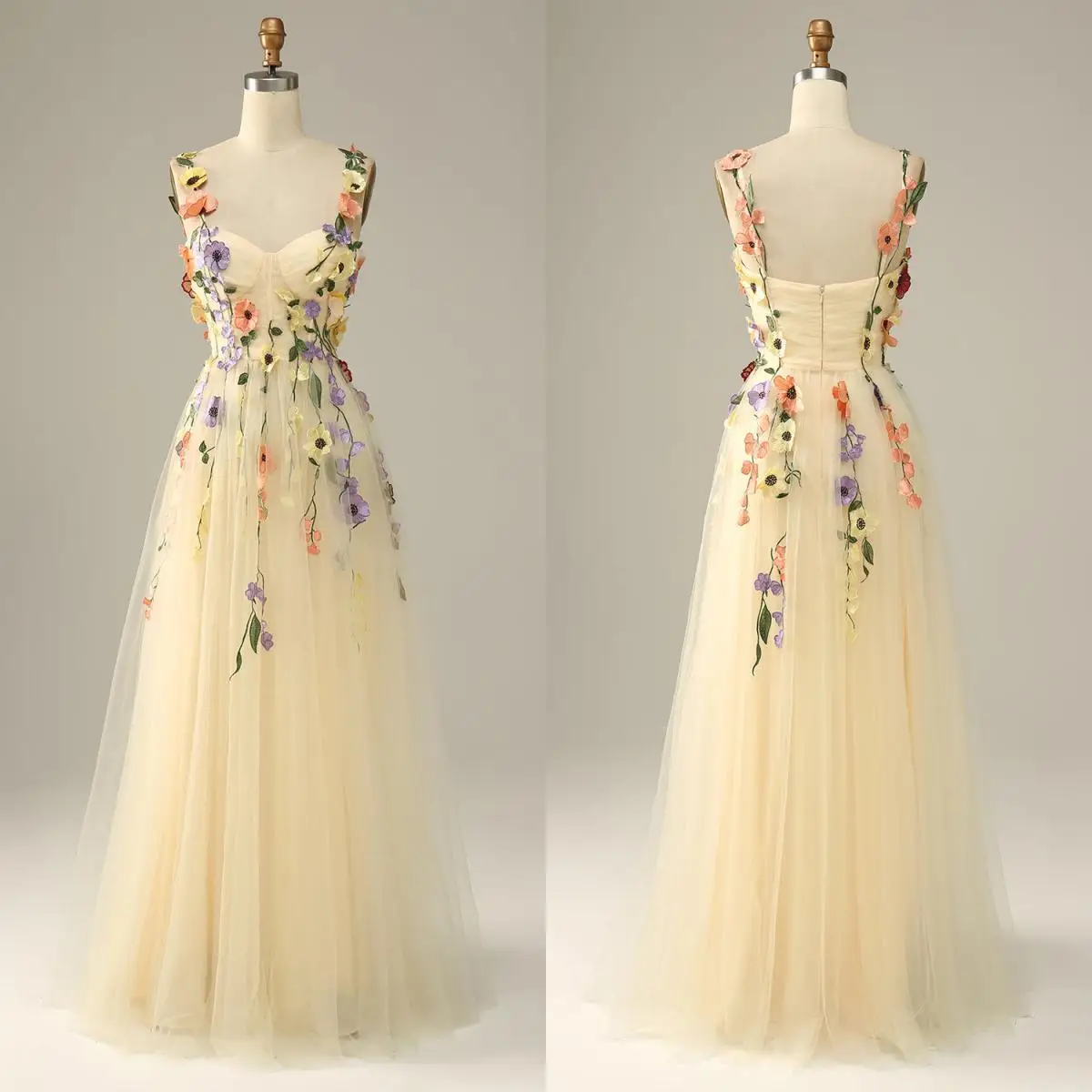 14728 # IENA Champagner EINE Linie Spaghetti-trägern Tüll Brautjungfer Kleid Mit 3D Blumen Abendkleid Ausgestattet Mieder Kleid Quinceanera