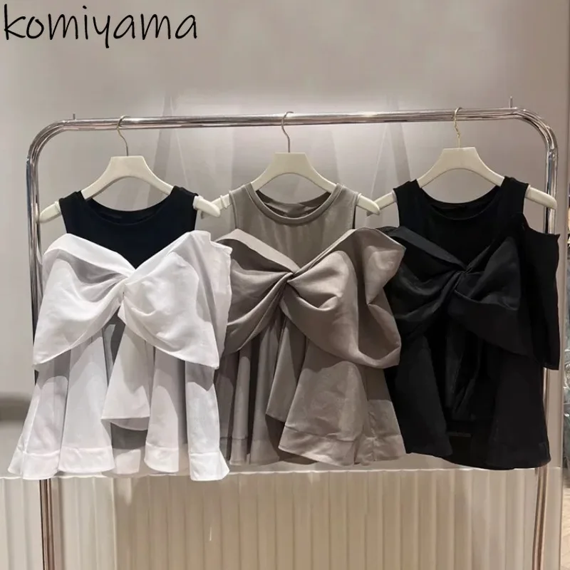 Off Shoulder Ropa Mujer Contrast Spliced Bow Shirts & Blouses 2025 Woman Blusas Fake Two Piece Camisas Kink Design Blusa