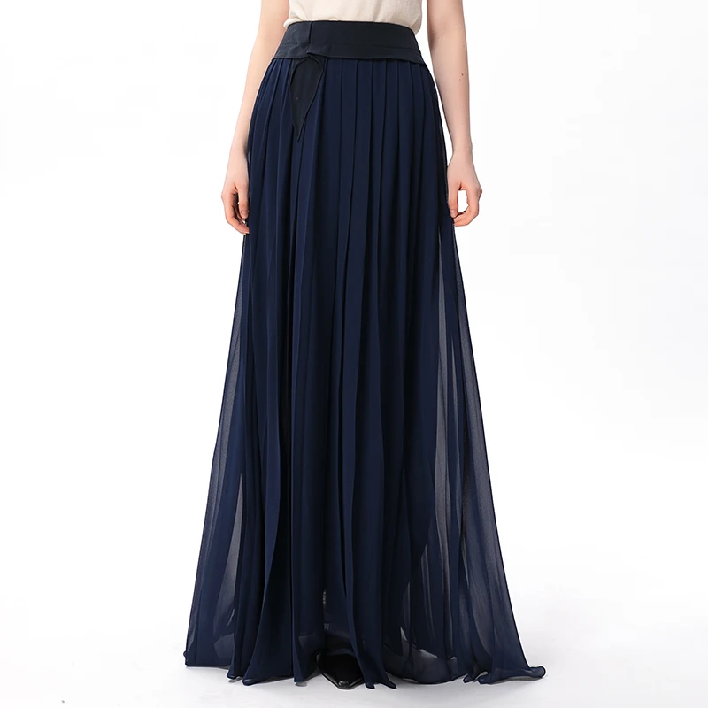 Love Elegant Asymmetrical Double Layer Georgette Silk A-Line Pleated Skirt Office Ladies Natural Waist Long Skirts New CY002