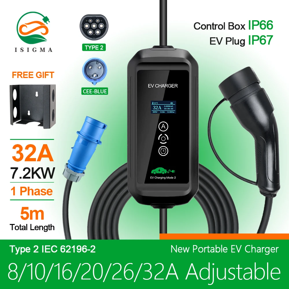 Isigma 2.5kw 32a einstellbares ev ladegerät gbt/eu steckdose typ2 IEC62196-2 evse ladebox für hybrid fahrzeuge