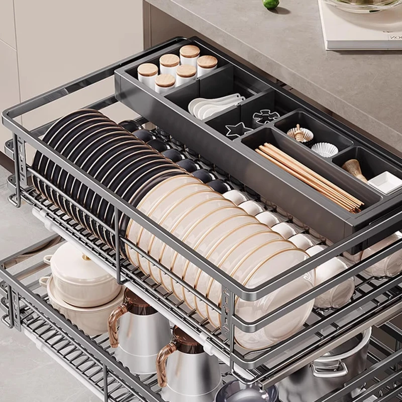 

304 Stainless Steel Mesh Dish Basket Kitchen Basket Double Drawer Storage Cabinet