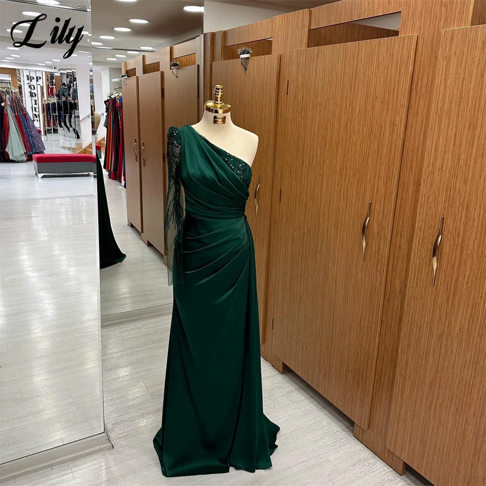 

Lily Green Evening Dress One-Shoulder Mermaid Prom Dress With Pleat Sequined Lace Party Dress Satin Floor Length فستان سهرة