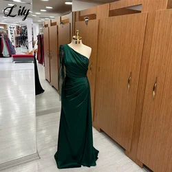 Lily Green Evening Dress One-Shoulder Mermaid Prom Dress With Pleat Sequined Lace Party Dress Satin Floor Length فستان سهرة