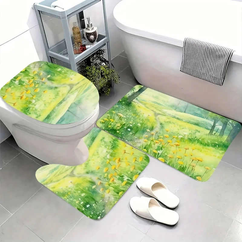 3-piece floral bath set-anti-slip absorbent bathroom rugs, U-shaped mat, toilet lid cover, soft comfort, quick-dry,