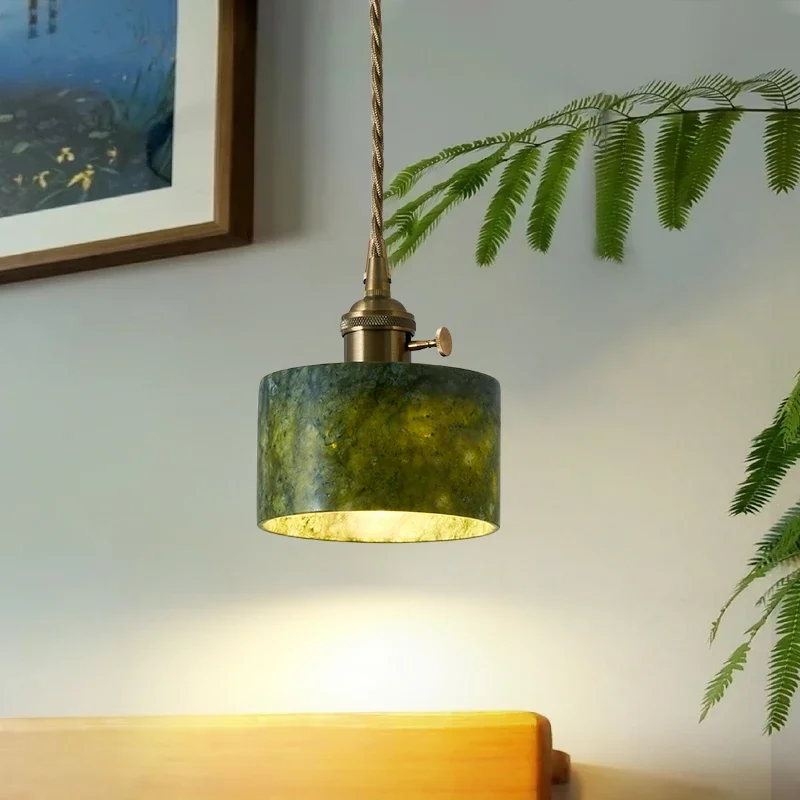 

Natural Jade LED Pendant Light French Retro Small Chandelier Antique Entrance Restaurant Light Luxury Bedroom Bedside Light