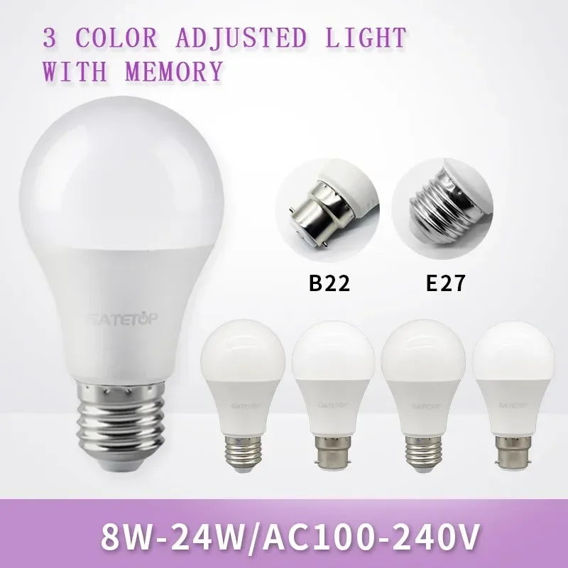 

8pcs LED light Bulb Tricolor Dimming AC220V 110V 18W 24W Wall Switch CCT 3000K 4000K 6000K Memory Function for Home Bedroom