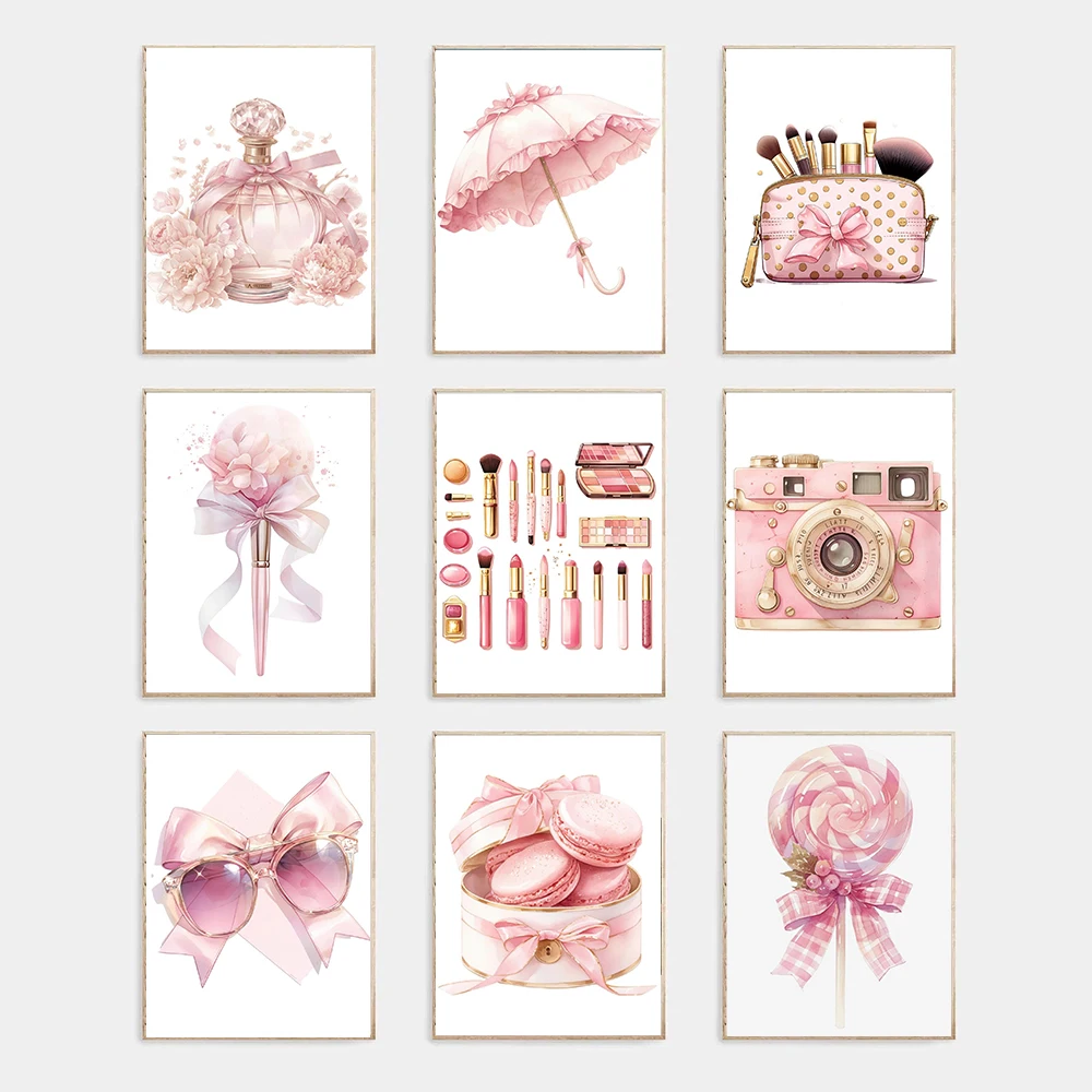 Póster artístico de moda en color rosa, maquillaje, postre, naturaleza muerta, impresión en lienzo, decoración de pared para sala de estar, salón de belleza, habitación de niña
