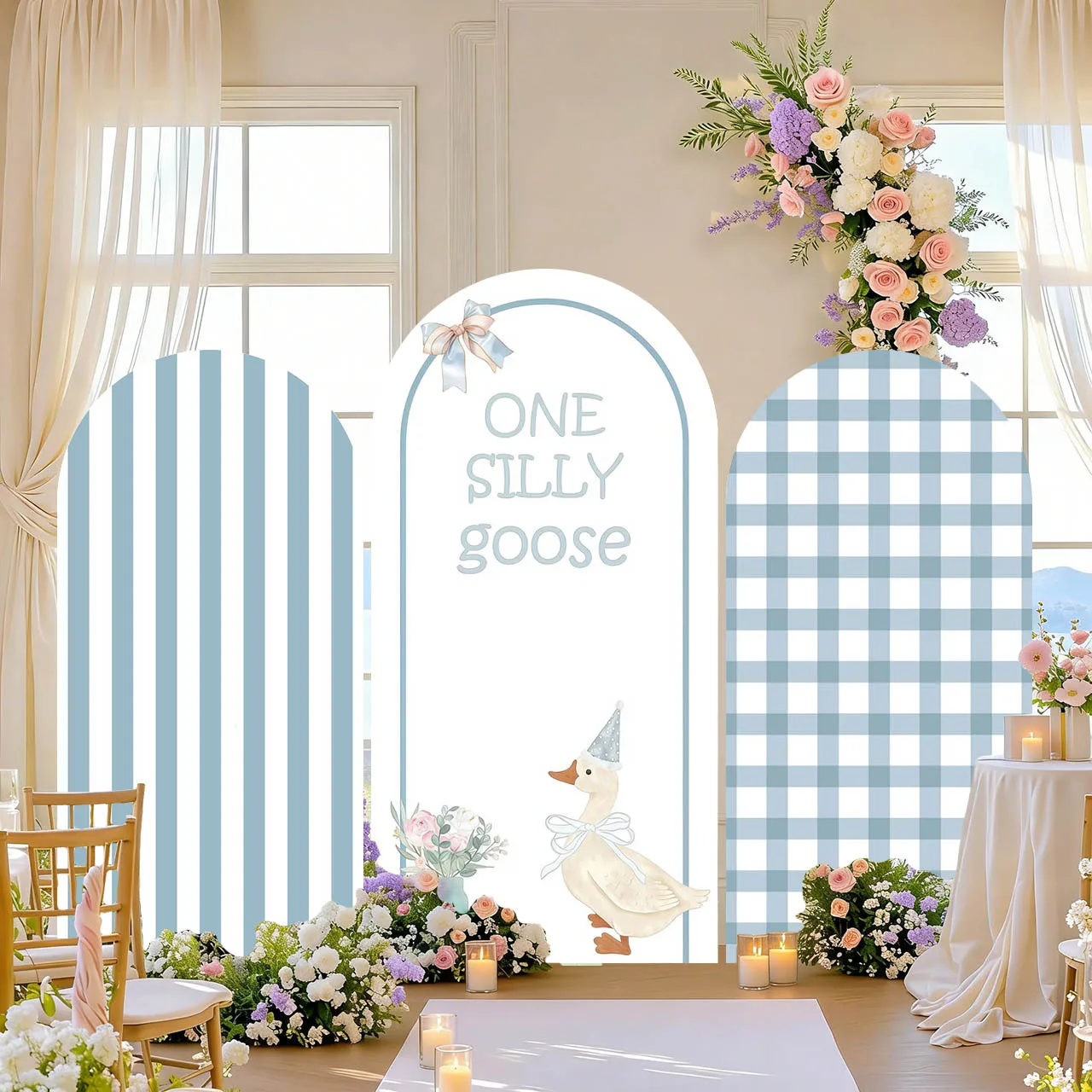 Mehofond Custom One Silly Goose Blue Gingham Flower Gender Neutral Kids 1st Birthday Party Baby Shower Cover Arch Decor Backdrop